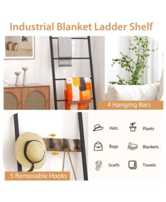 Wall-Leaning Decorative Blanket Holder with 5 Removable Hooks