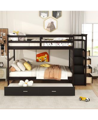 Full Over Full Bunk Bed With Twin Size Trundle And Staircase, Espresso