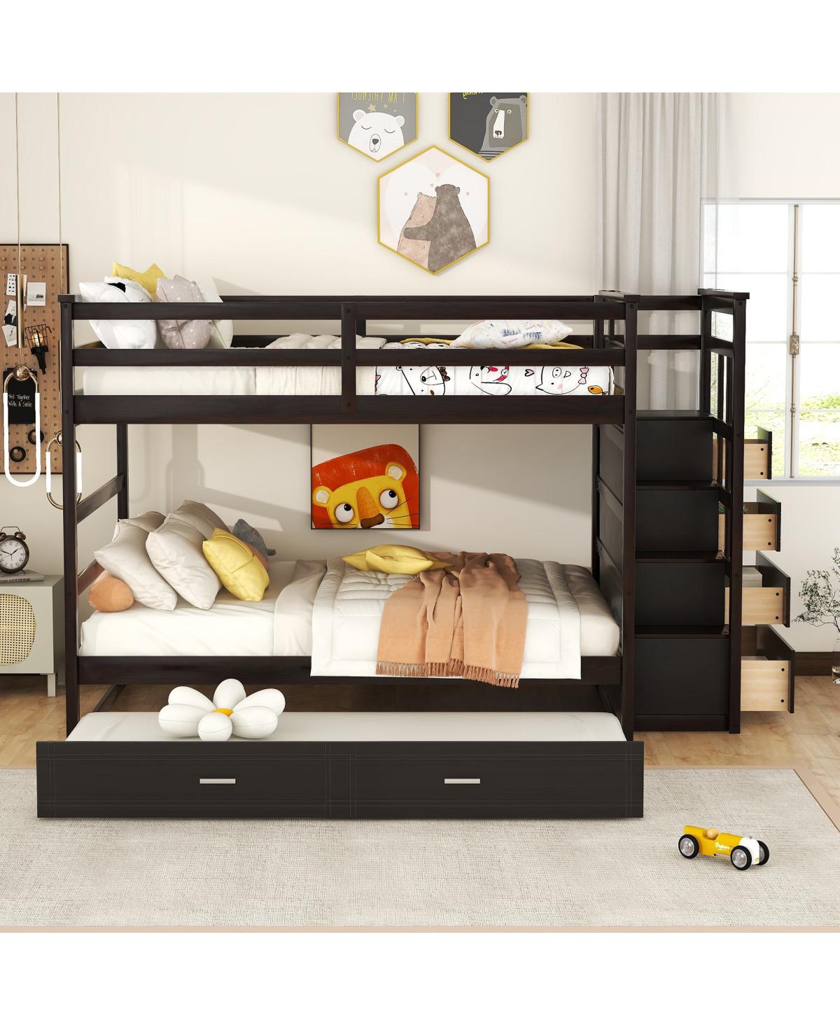 Simplie Fun Full Over Full Bunk Bed With Twin Size Trundle And Staircase, Espresso
