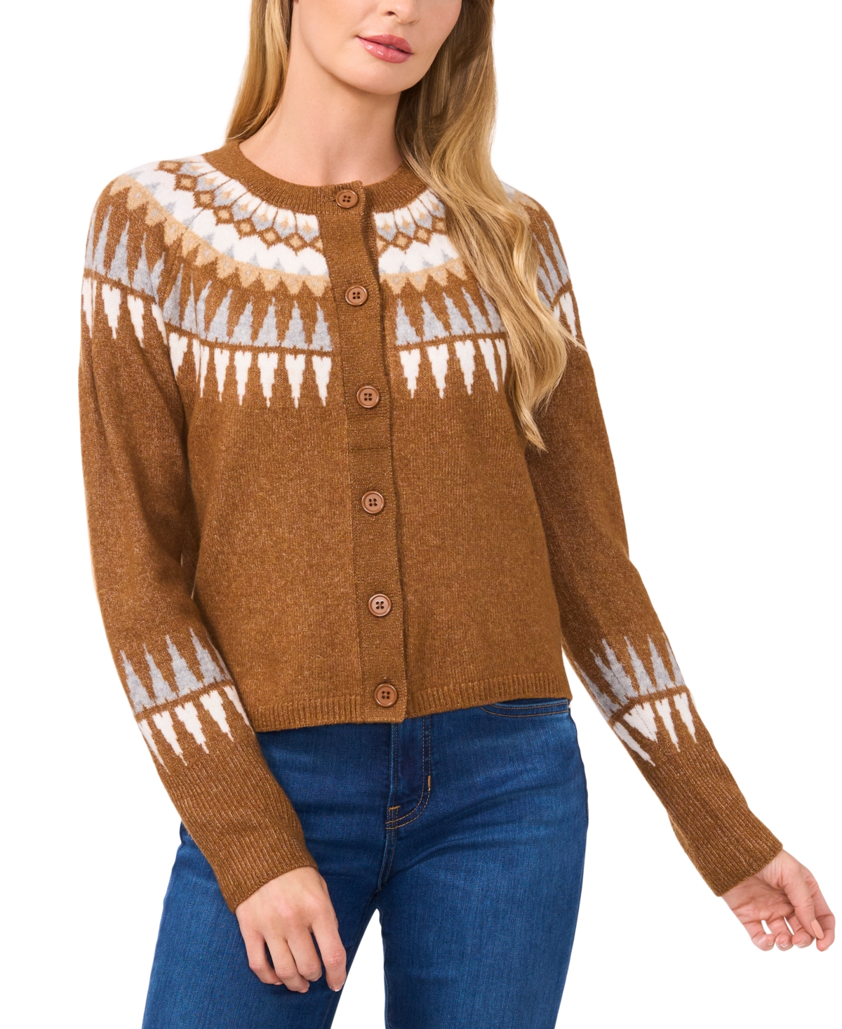 Cece Women's Fair Isle Long-sleeve Cardigan Sweater In Toasted