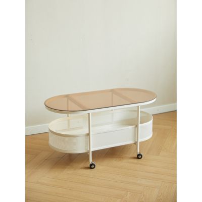 Movable oval metal glass coffee table with storage