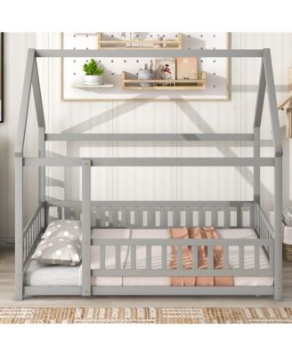 Wooden House Bed with Guardrails (Grey)