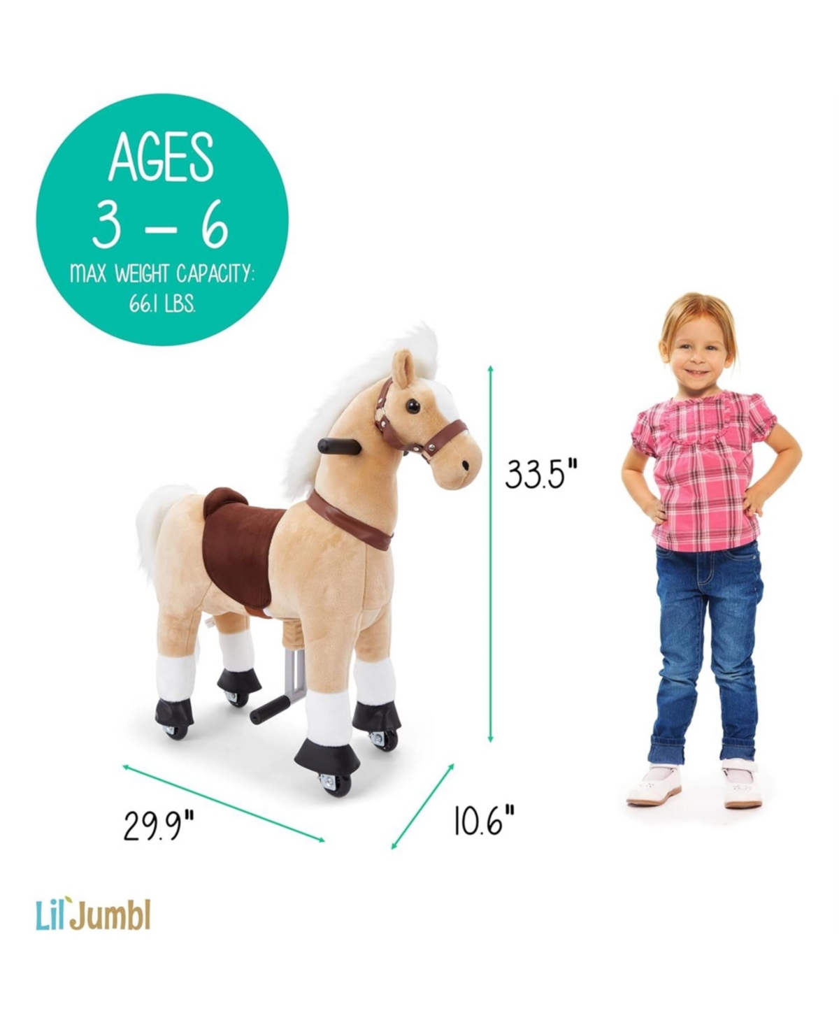 Jumbl Lil Ride on Horse, Kids Ride on Toy w/Sounds & Wheels (Off-White)