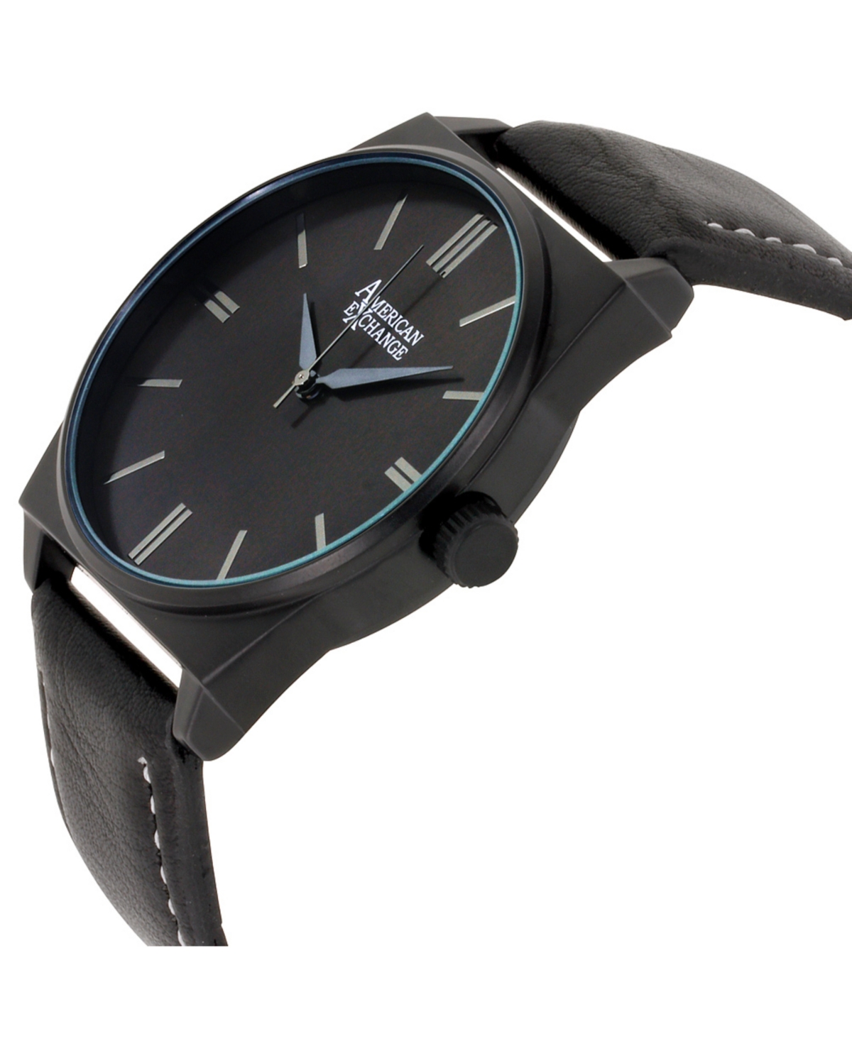 American Exchange Men's Black Leather Strap Analog Watch 42mm With Stackable Bracelets Gift Set In Black
