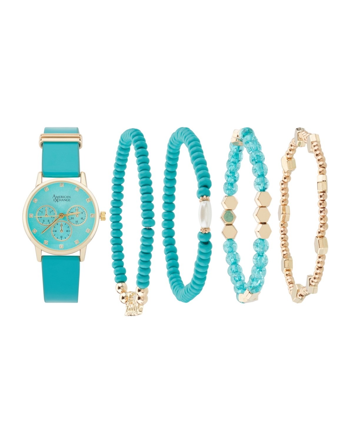 Women's Turquoise Polyurethane Leather Strap Analog Watch 32mm with Stackable Bracelets Gift Set - Turquoise