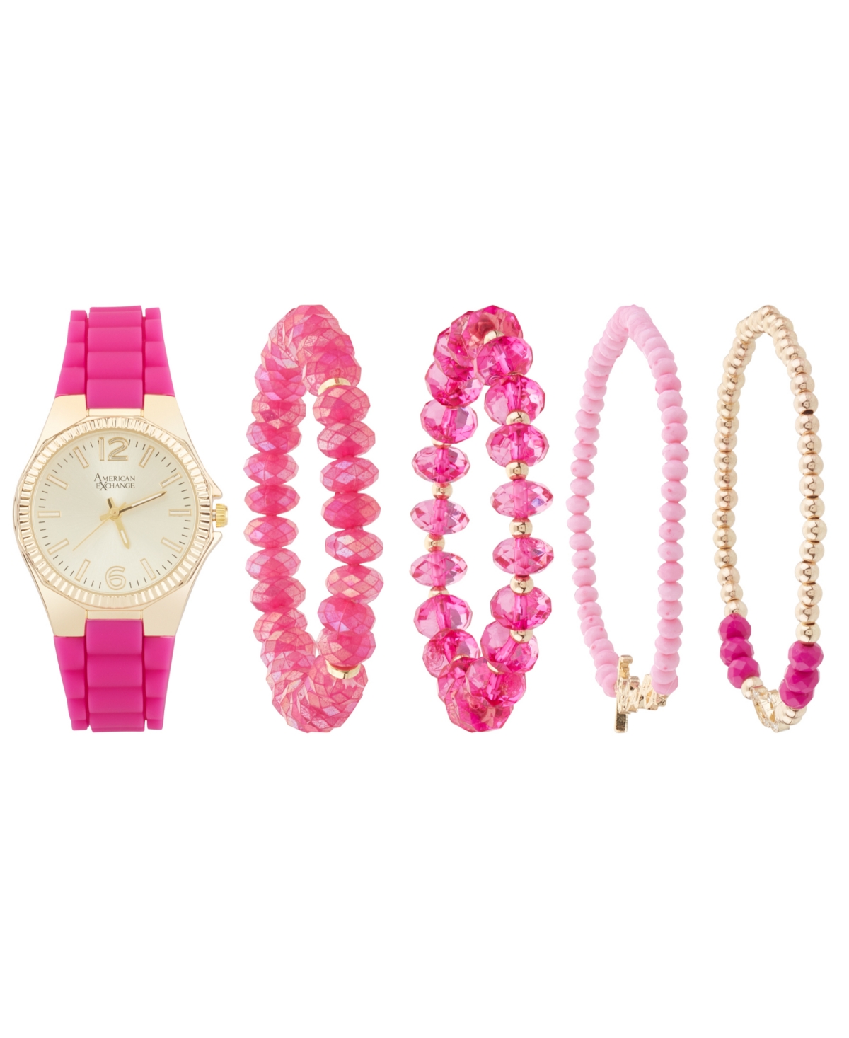 Women's Fuchsia Silicone Strap Analog Watch 35mm with Stackable Bracelets Gift Set - Fuchsia