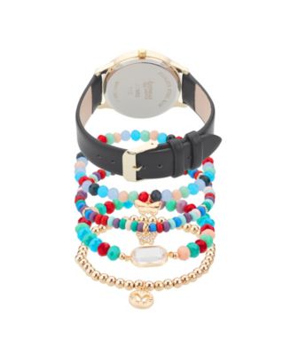 Women's Black Polyurethane Leather Strap Analog Watch 38mm with Stackable Bracelets Gift Set