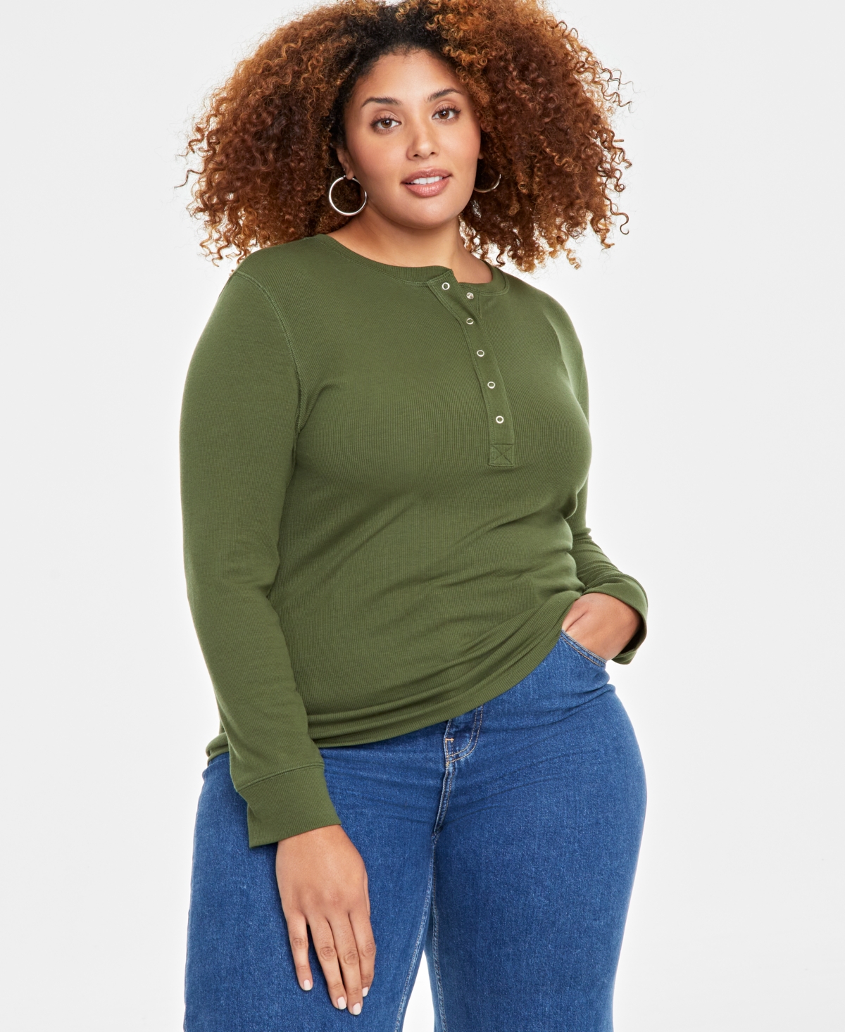On 34th Plus Size Ribbed Long-Sleeve Henley Top, Created for Macy's