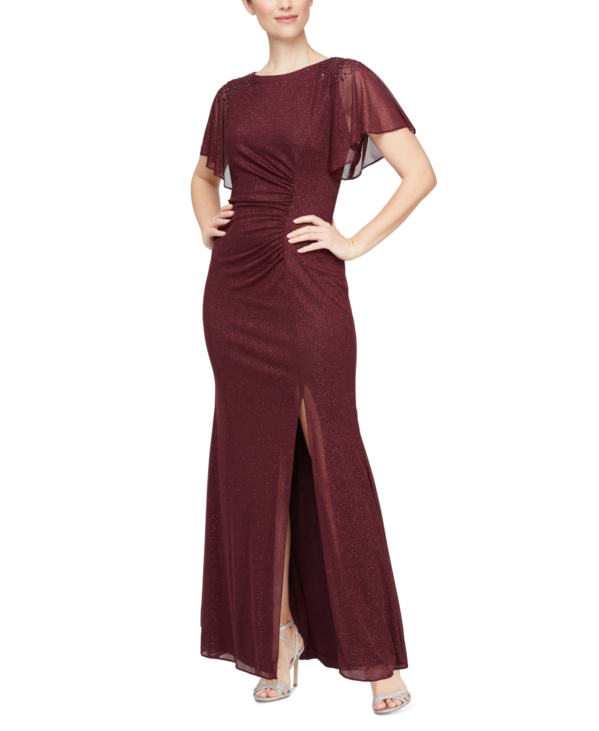 Sl Fashions Sparkle Embellished Shoulder Gown In Burgundy