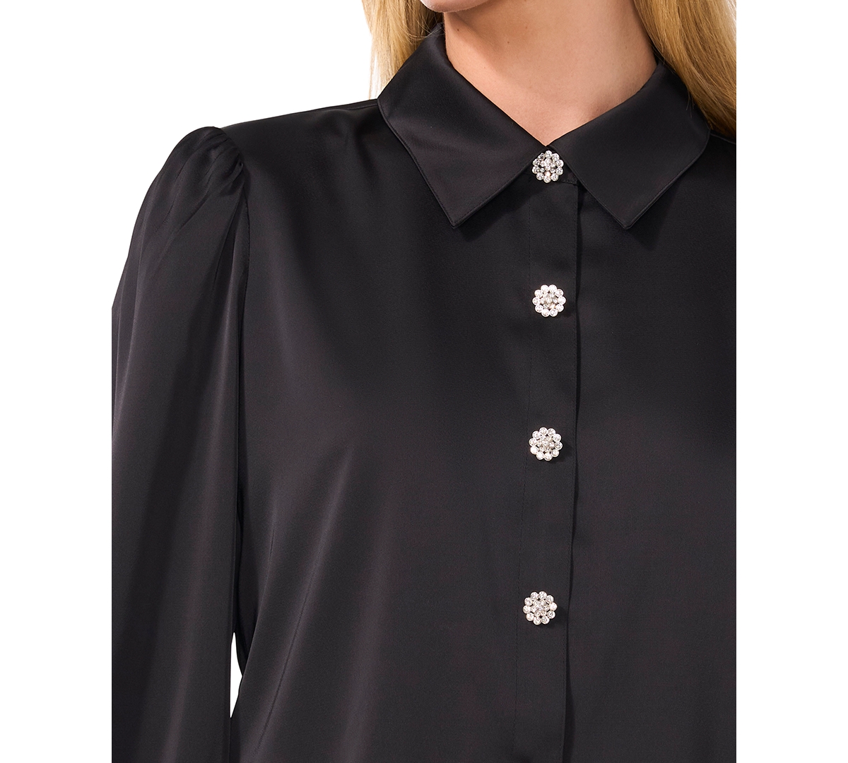 Cece Long Sleeve Blouse With Rhinestone Buttons & Exaggerated Collar In Rich Black