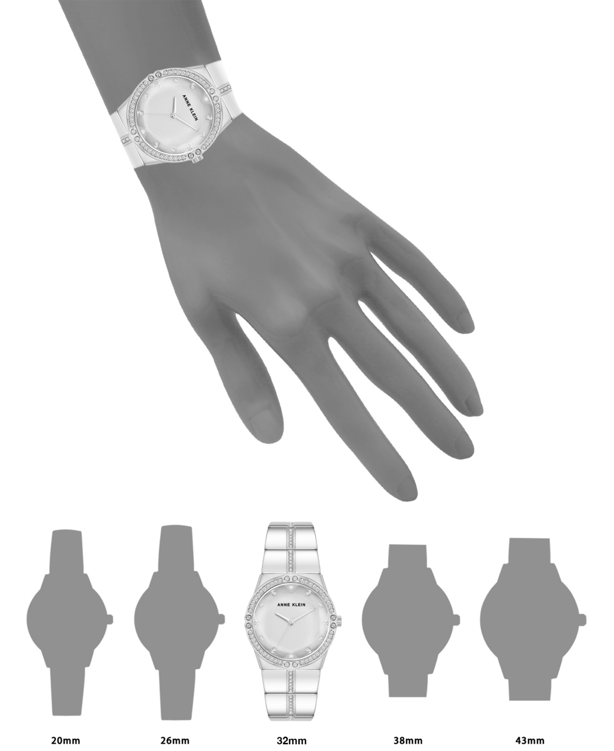 ANNE KLEIN WOMEN'S QUARTZ FACETED CRYSTAL BEZEL SILVER-TONE ALLOY METAL WATCH, 32MM 