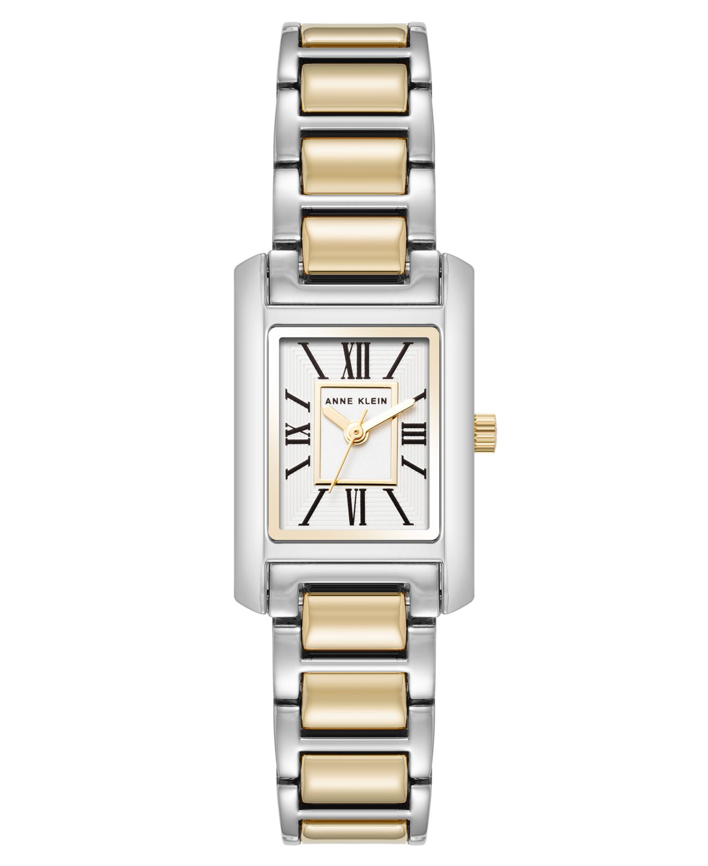 Женские часы Anne Klein Quartz Classic Rectangular Roman Numeral Two-Tone Alloy Metal Watch, 20mm, цвет: Серебряный / Золотой — фото 1