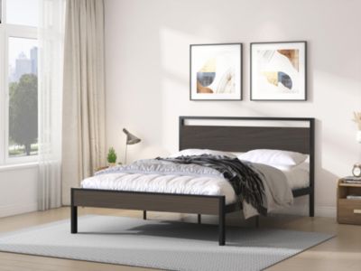 Ceres Metal Bed Black with Walnut Wood Headboard&Footboard Queen