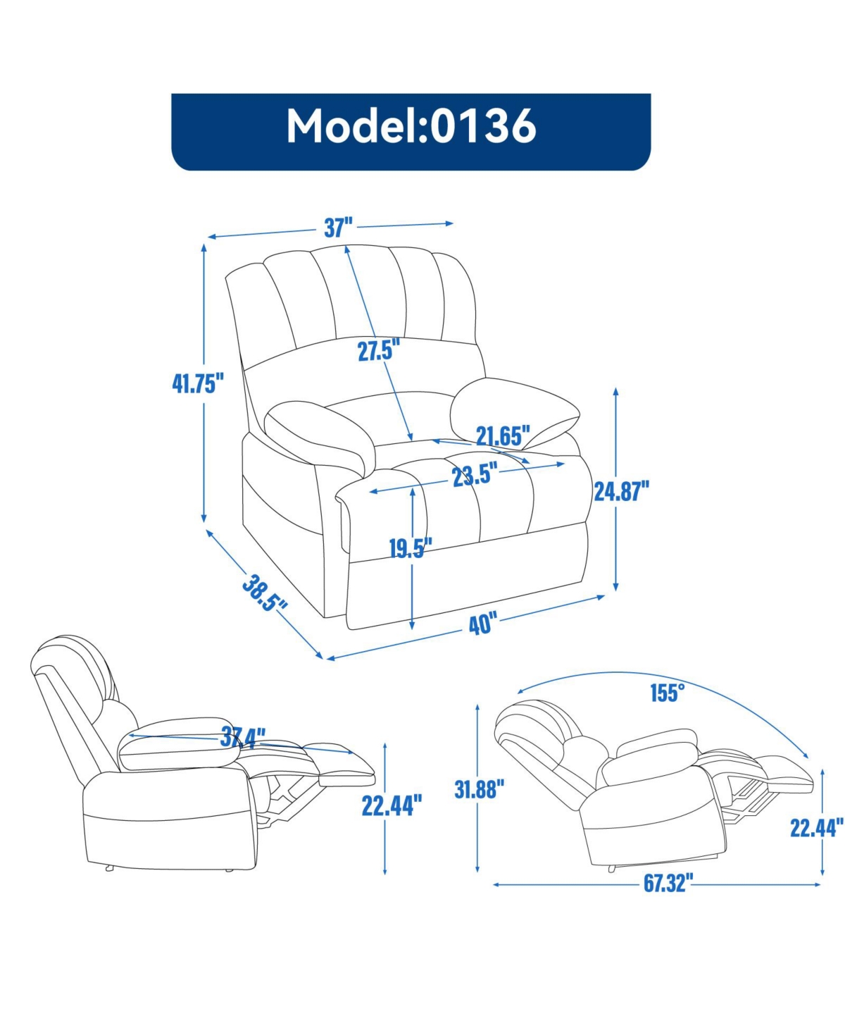 Streamdale Furniture Oversized Manual Fabric Recliner Chair for Large Individuals