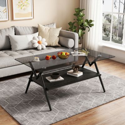 Streamdale Modern Glass Coffee Table with Black MDF Shelf