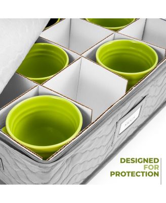 Quilted Coffee Mug Storage Case - Features label windows, handles, and dividers for 12 Mugs/Glassware (Gray)