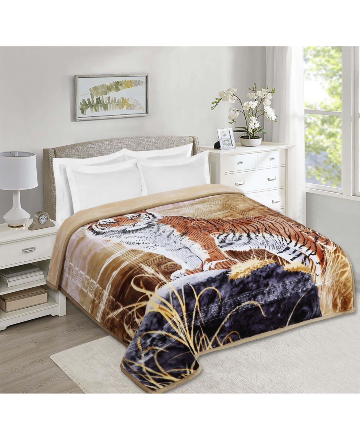 Clara Clark Heavy & Warm Korean Style Reversible Printed Raschel Mink Bed Blanket - Wrinkle Free & Fade Resistant - 87x94 Inches - 12 Lbs. - Tige