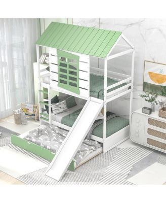 Streamdale Twin Over Twin Size House Bunk Bed With Convertible Slide And Trundle