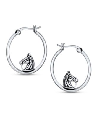 Large Big Cowgirl Equine Gift Equestrian Horse Hoop Earrings Oxidized Sterling Silver 1.25 Inch Diameter