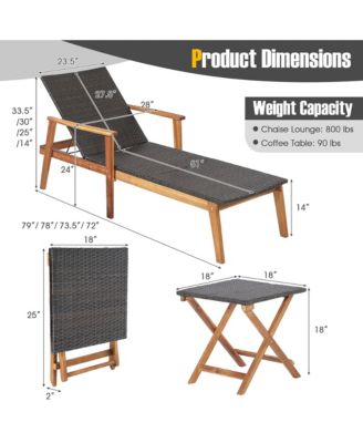 2PCS Patio Lounge Chair Adjustable Recliner Chair Acacia Wood Frame Folding Table Set