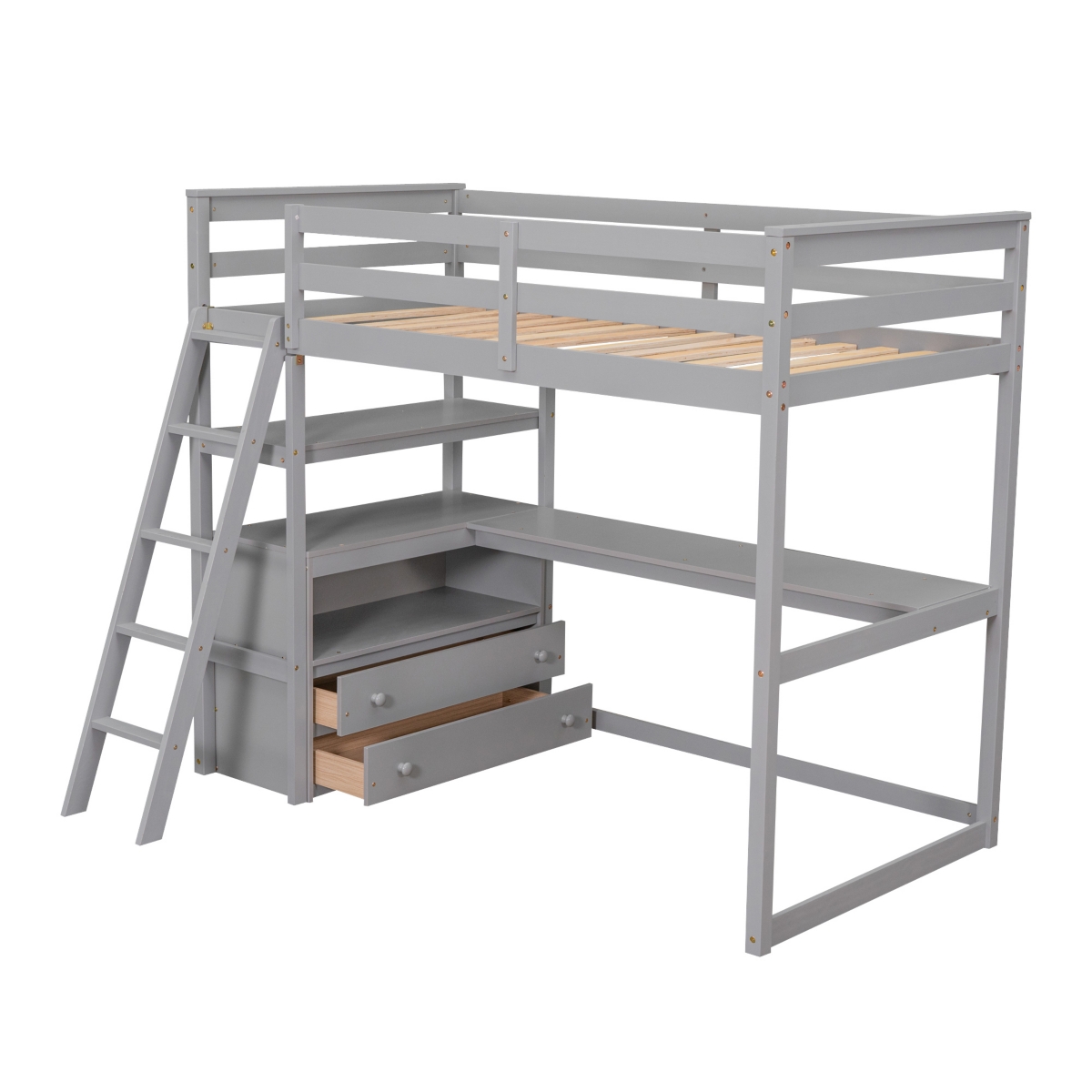 Simplie Fun Twin Loft Bed With Desk And Shelves, Two Built-In Drawers