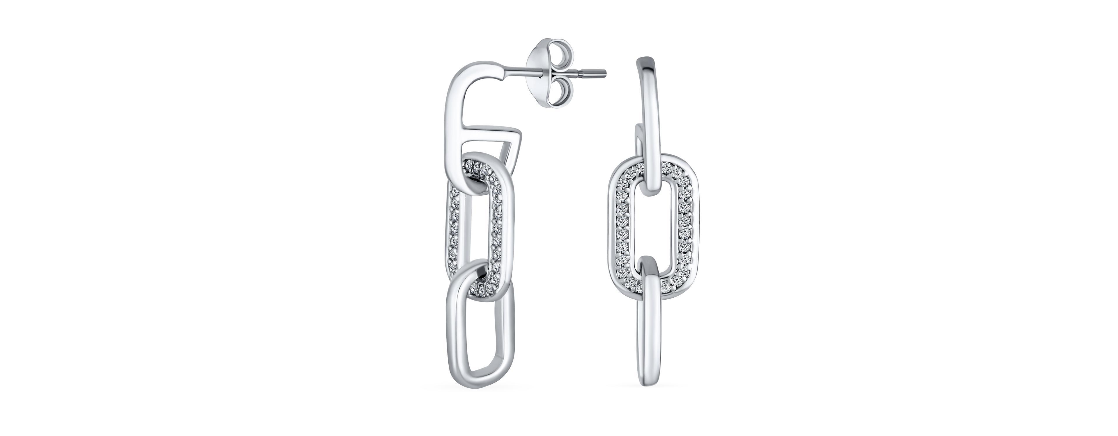 Bling Jewelry Geometric Vertical U Rectangle Micro Pave Cz 3 Chain Link Dangling Paperclip Earrings Of Women Sterling Silver