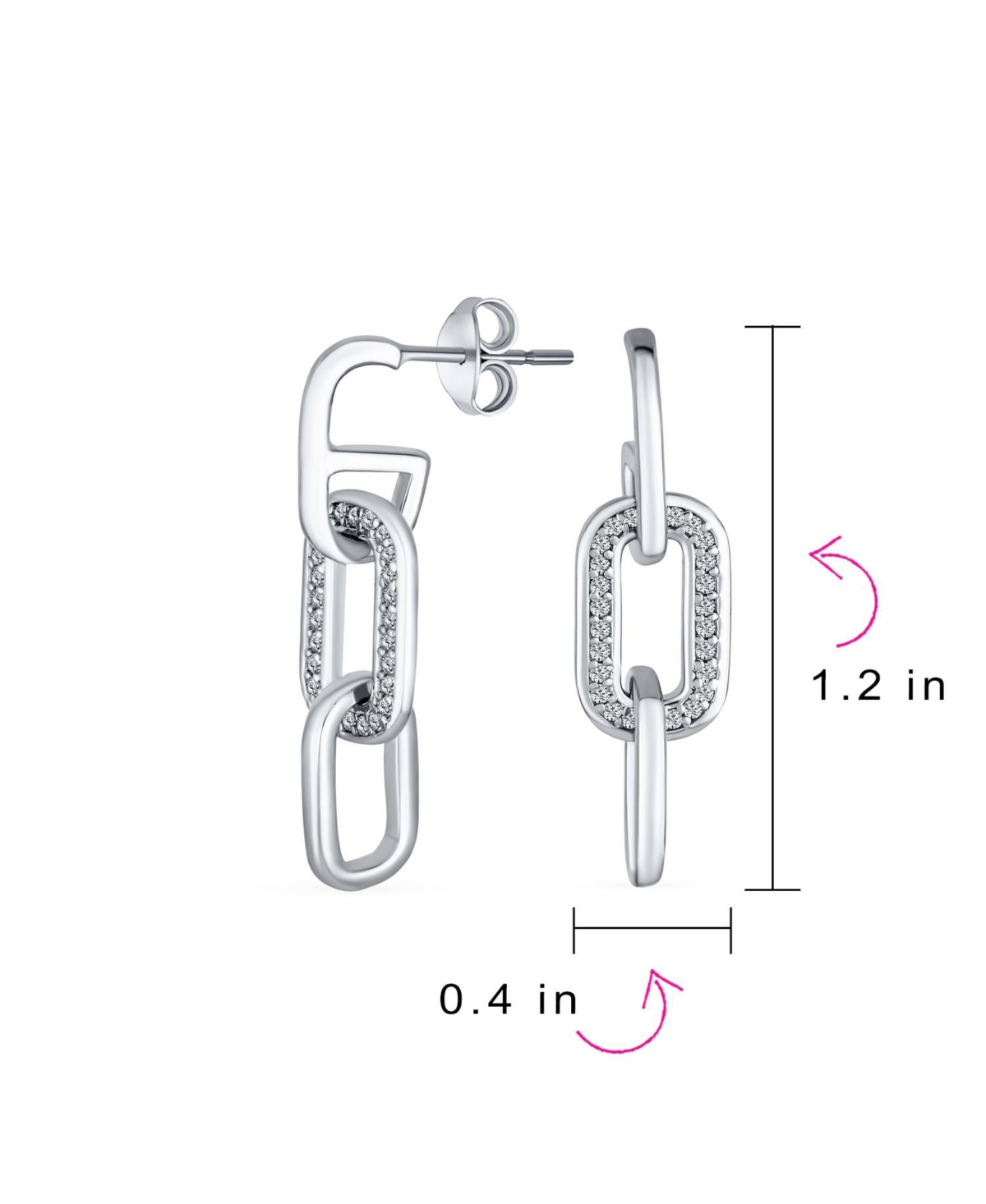 Bling Jewelry Geometric Vertical U Rectangle Micro Pave Cz 3 Chain Link Dangling Paperclip Earrings Of Women Sterling- Silver