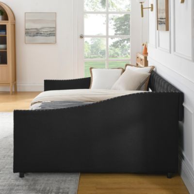 Upholstered Tufted Daybed with Drawers and Copper Nail Detail
