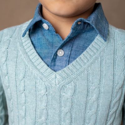 Boys Organic Long Sleeve Fine Gauge Cable V-Neck Sweater