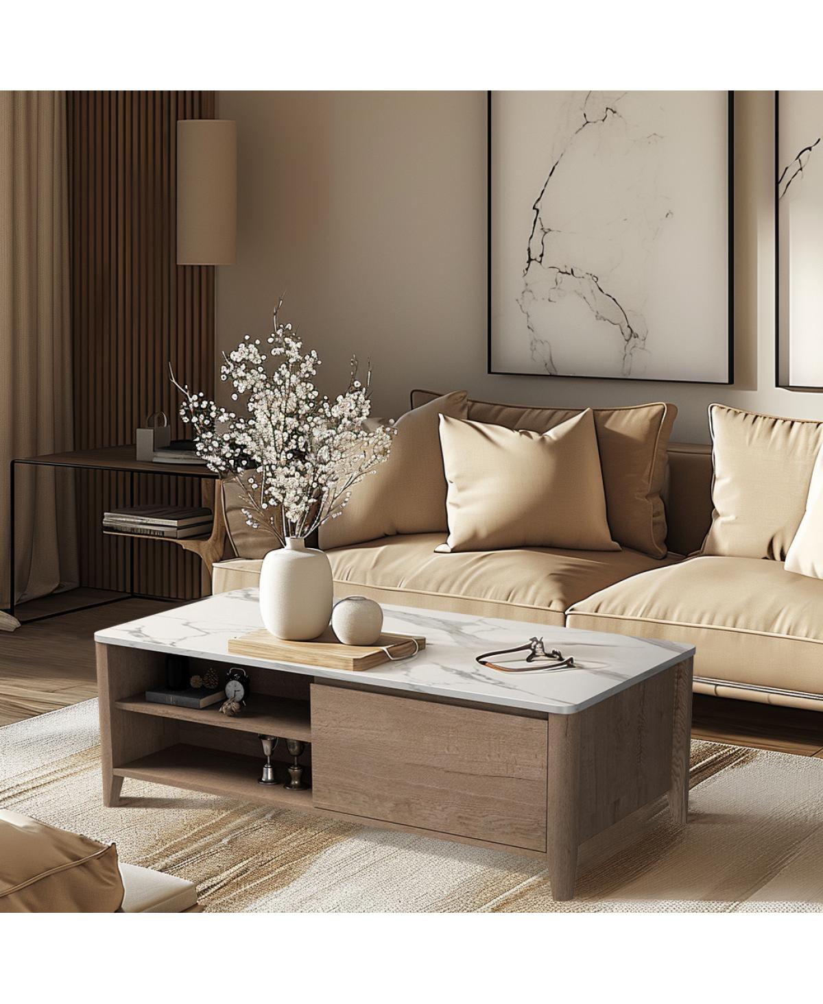 Streamdale Furniture Farmhouse Double Drawer Coffee Table, Tobacco Wood & White Marble