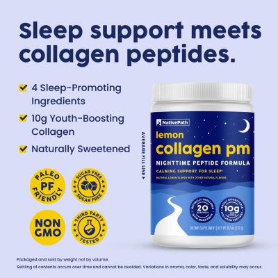 Collagen PM - Lemon Nighttime Collagen Peptides Powder with Magnesium, GABA, L-Theanine and Melatonin - 20 Servings