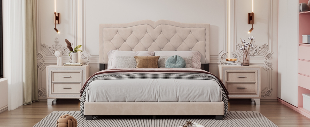 Streamdale Furniture Queen Size Upholstered Bed Frame With Rivet Design, Modern Velvet Platform Bed With Tufted Headboard