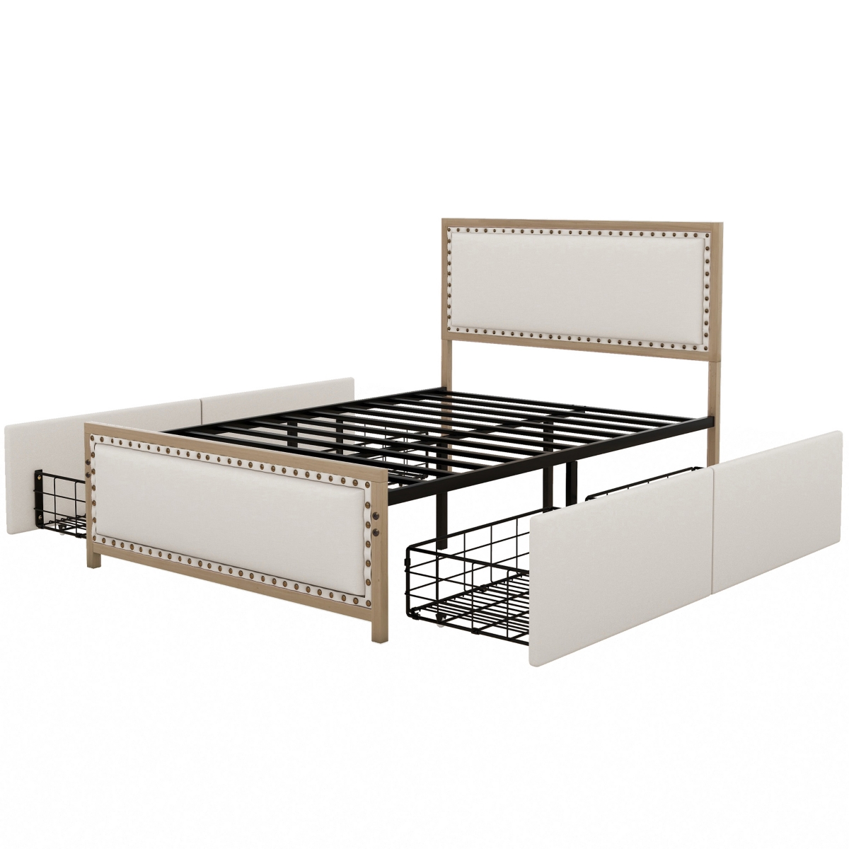 Streamdale Furniture Size Upholstered Platform Bed With Nailhead Decoration And 4 Drawers