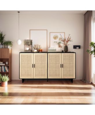 Particle Board Storage Cabinet with Rattan Doors and Ample Space