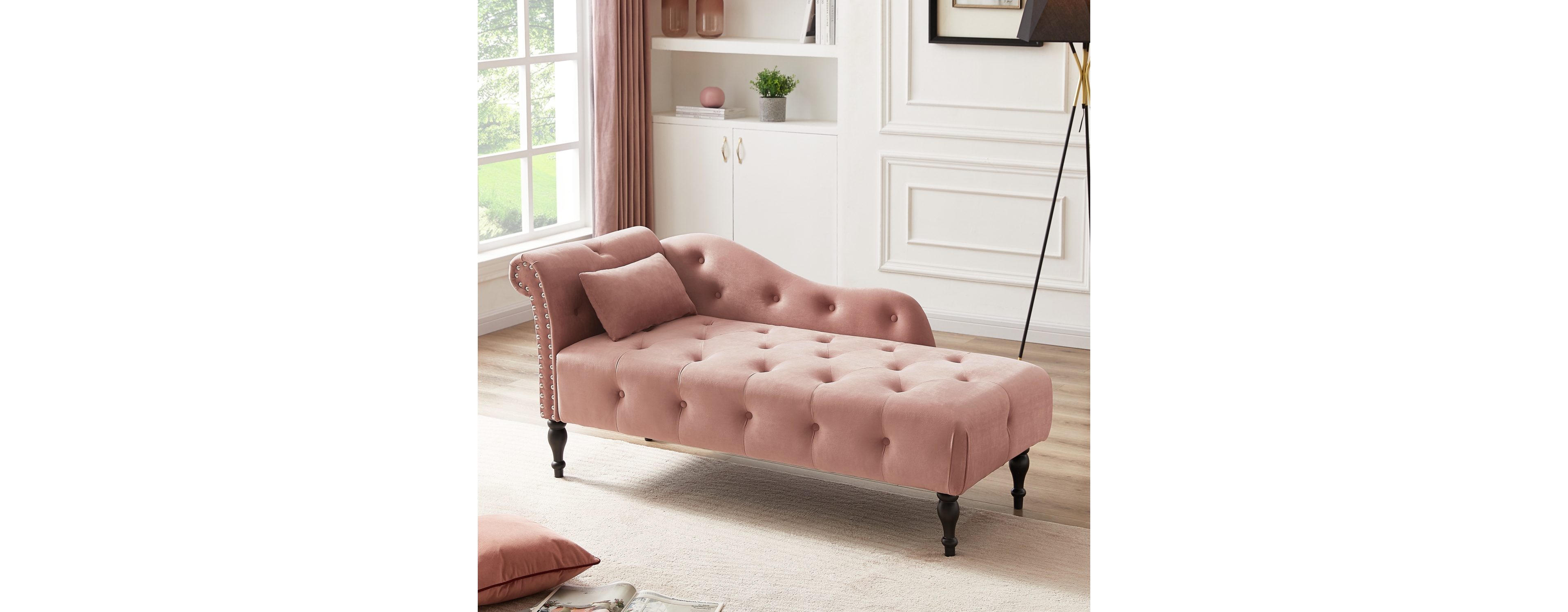 Streamdale Furniture 60" Velvet Chaise Lounge with Buttons, Nailhead Trim, and Pillow