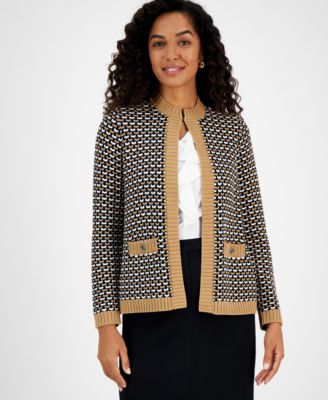 Kasper Open Front Cardigan Ruffled Blouse Pull On Pants