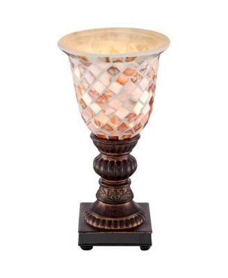 Traditional Uplight Accent Table Lamp 12" High Bronze Brown Mosaic Ivory Glass Shade for Bedroom Bedside Nightstand House Home Office