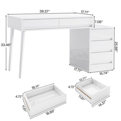 5-Drawer Wood Reversible Computer Desk – Modern Home Office Desk with Storage Drawers & Printer Stand, Vanity Writing Table