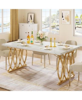 Modern Dining Table, 63" Large Kitchen Table for 4-6 People, Unique Rectangular Dinner Table Kitchen & Dining Room Furniture with Faux Marble Tabletop and Geometric Legs
