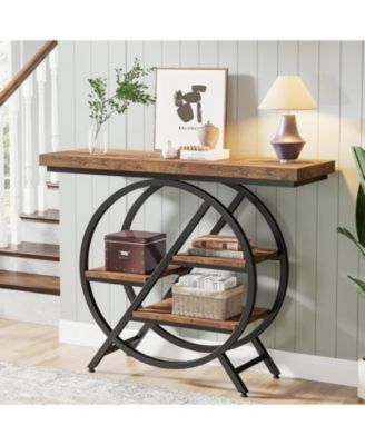 Console Table, 39.4-Inch Entryway Table with Thickened Tabletop, 4- Tier Industrial Narrow Hallway Sofa Table with Geometric Metal Frame for Living Room, Entryway