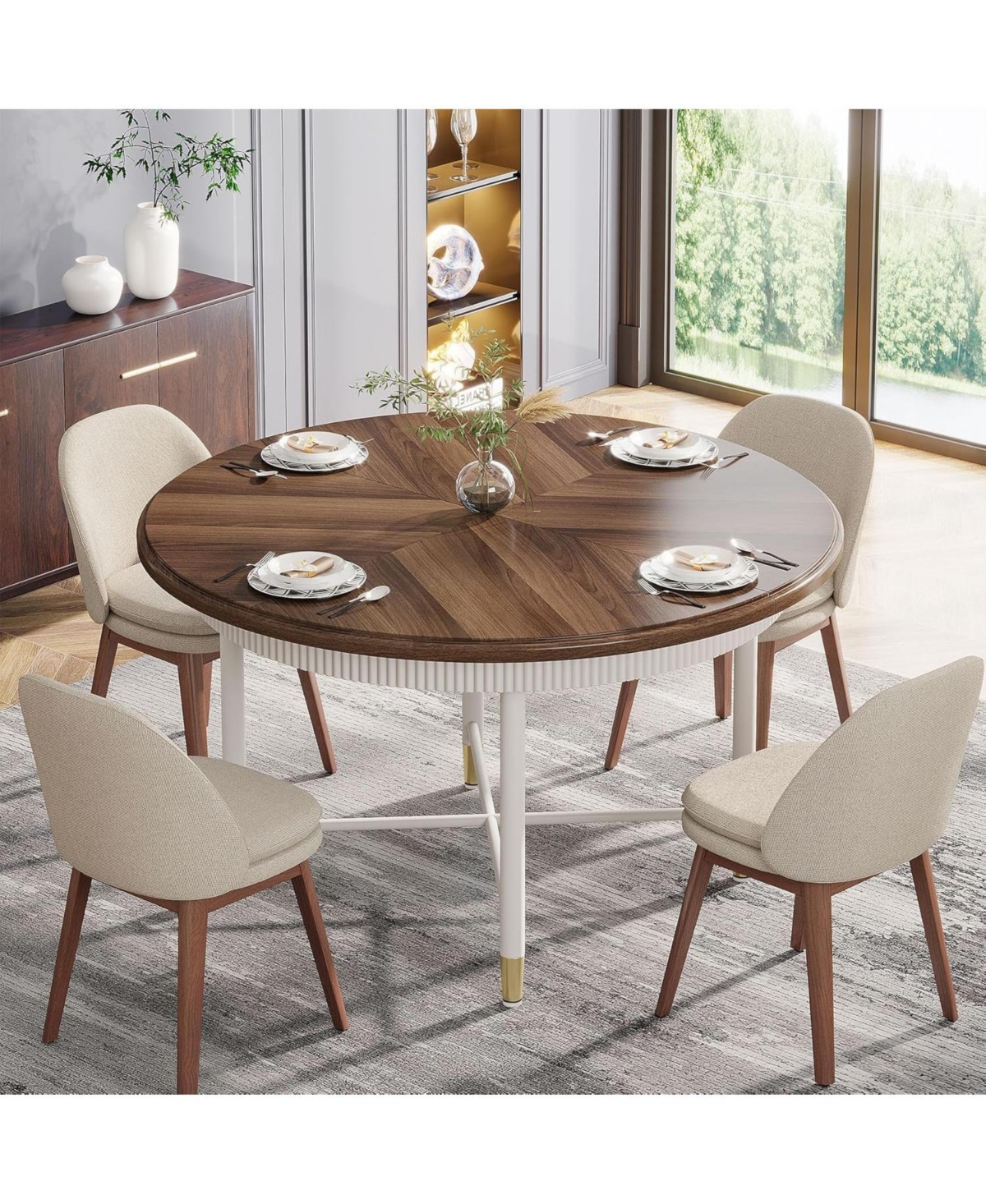 Tribesigns 47-Inch Round Dining Table, Rustic Kitchen Table for 4-6 Person, Dining Room Table with Solid Metal Frame, Vintage Dinner Table for Dining