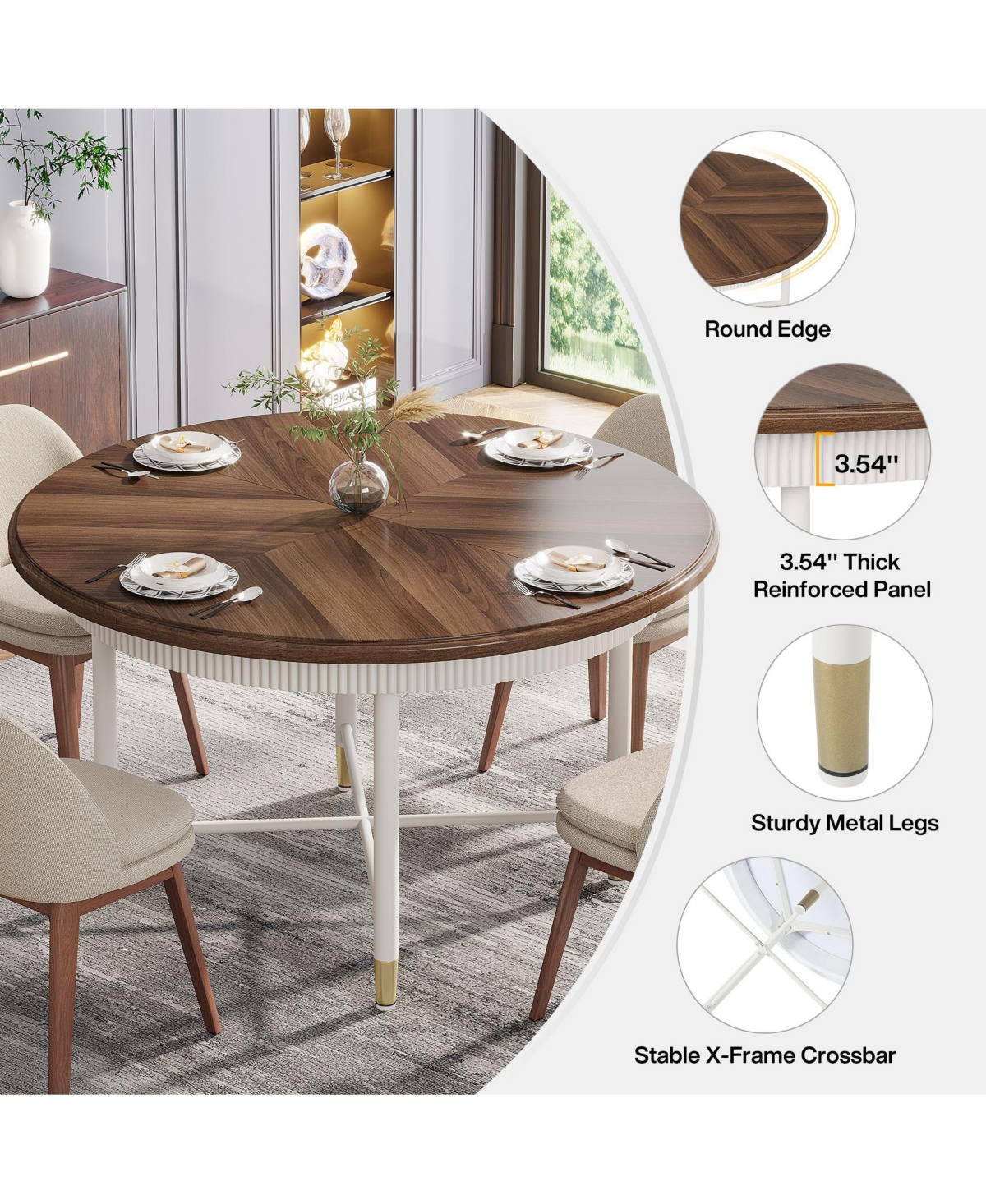Tribesigns 47-Inch Round Dining Table, Rustic Kitchen Table for 4-6 Person, Dining Room Table with Solid Metal Frame, Vintage Dinner Table for Dining