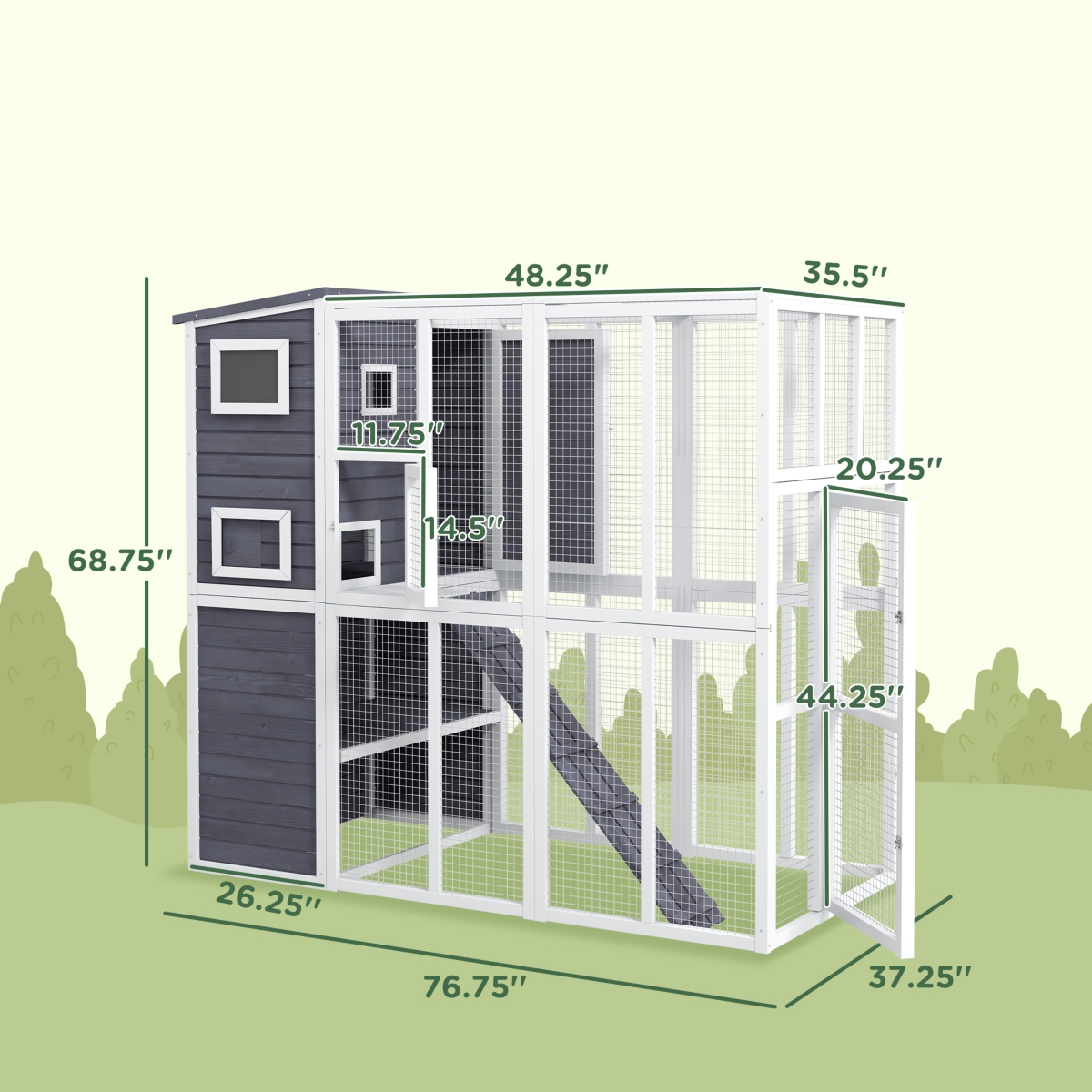 PawHut Wooden Outdoor Catio with Platforms, Asphalt Roof, Ramps, Light