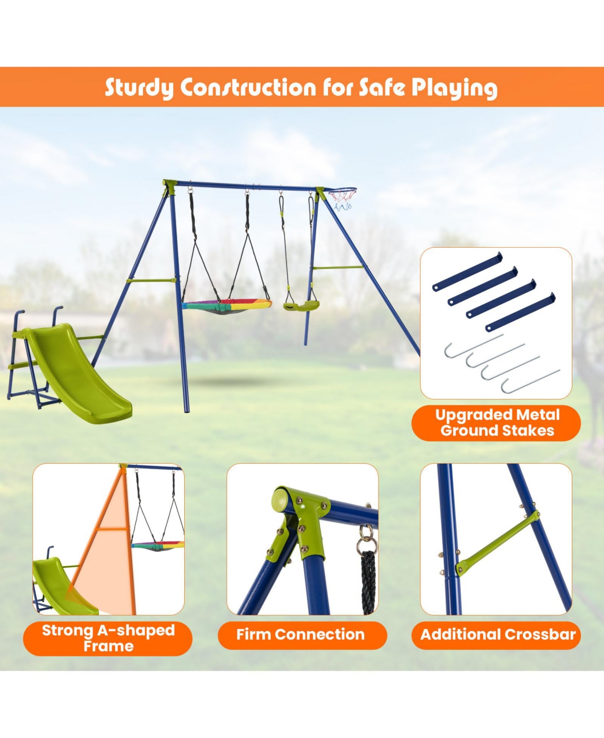 Sugift 4-in-1 Heavy-Duty Metal Playset with Slide and Basketball Hoop