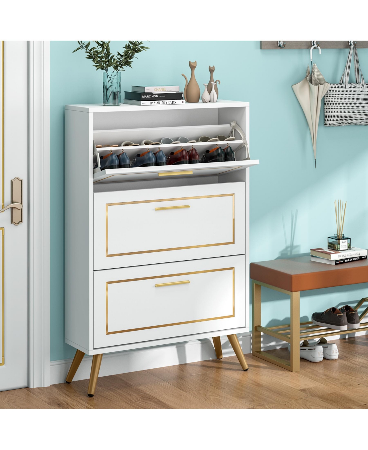 Tribesigns Shoe Storage Cabinet with 3 Flip Drawers, Freestanding Shoes Organizer with Metal Legs for Entryway, Narrow Shoe Rack Cabinets