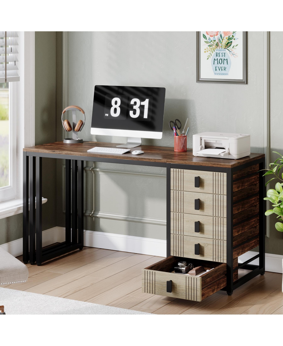 Tribesigns Computer Desk with 5 Drawers, Home Office Desk with Reversible Drawer, Industrial Study Work Writing Desk with Storage, Simple Wood Lap