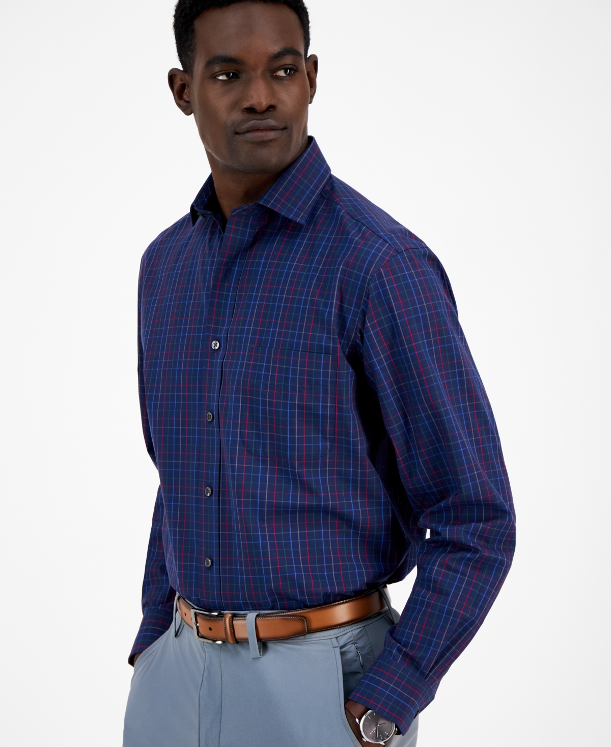 CLUB ROOM MEN'S WINDOW PLAID DRESS SHIRT, CREATED FOR MACY'S 