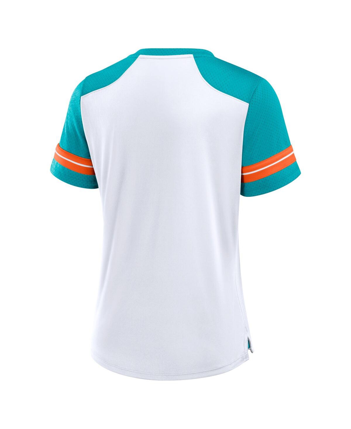 Fanatics Women's White/aqua Miami Dolphins Foiled Primary Lace-up T-shirt In White,aqua