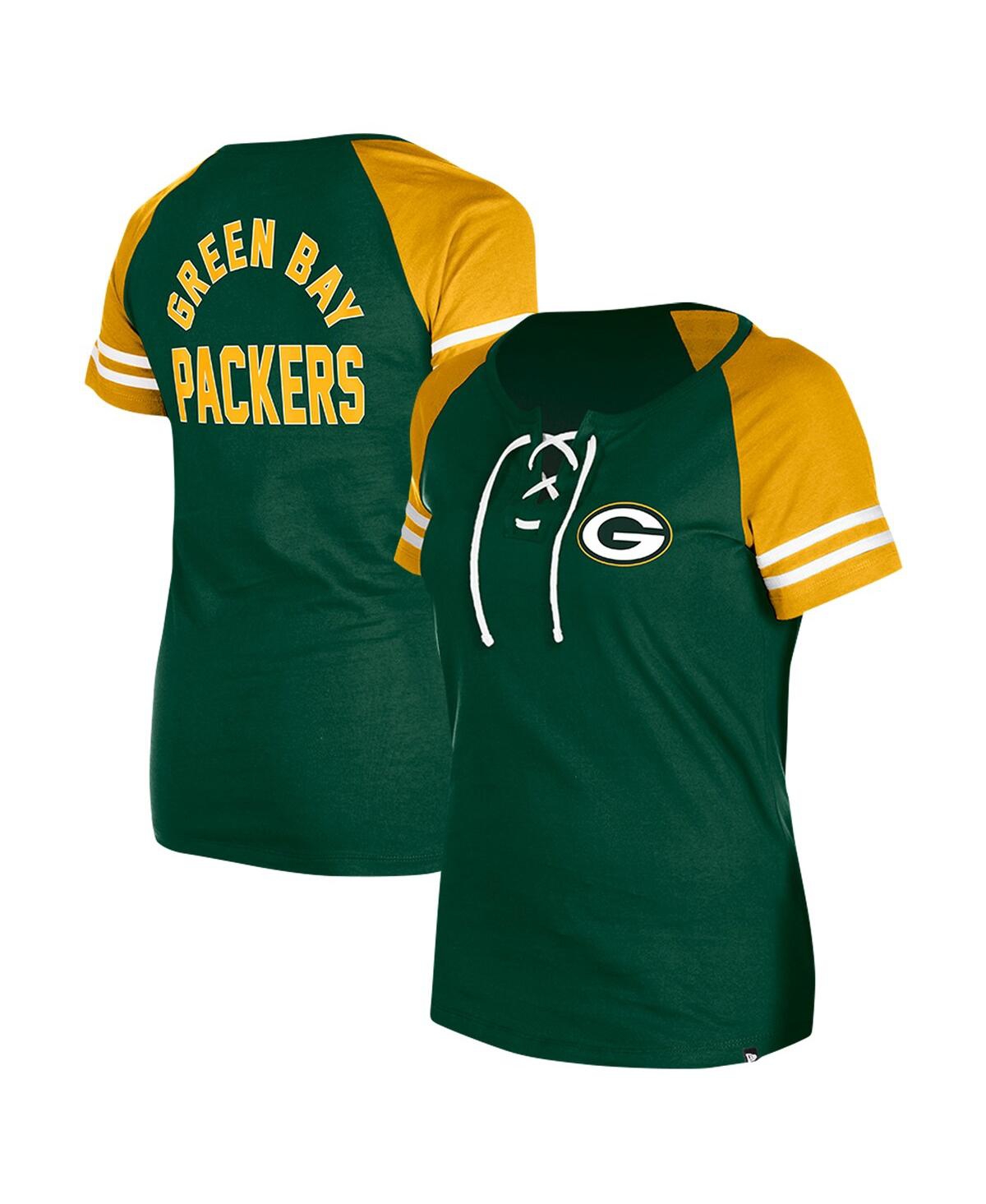 NEW ERA WOMEN'S GREEN GREEN BAY PACKERS LACE-UP RAGLAN T-SHIRT 