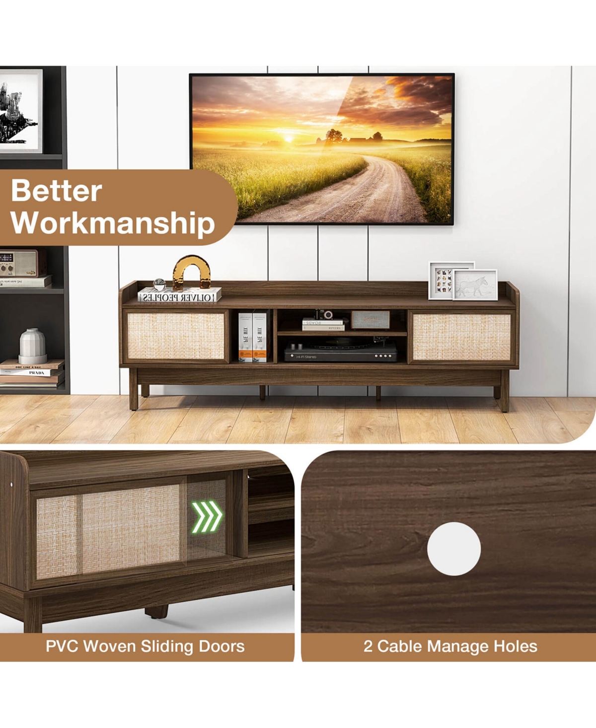 Costway Wooden Tv Stand for TVs up to with Storage Adjustable Shelf & Sliding Doors
